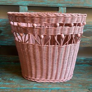 Vintage Bohemian Beaded Pink Wicker Waste Basket Trash Can Shabby Chic Sweet MCM